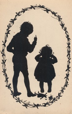 Featured is an image of a silhouette postcard ... the theme: there is a dolly in need of repair at the doll hospital (and a little girl in need of comforting). The original unused card is for sale in The unltd.com Store.